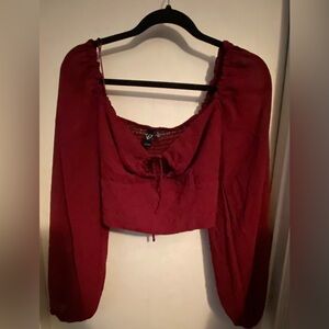 Windsor Maroon Crop Long Sleeve Blouse With Key Hole